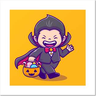 Cute Dracula Holding Pumpkin Basket With Candy Cartoon Posters and Art